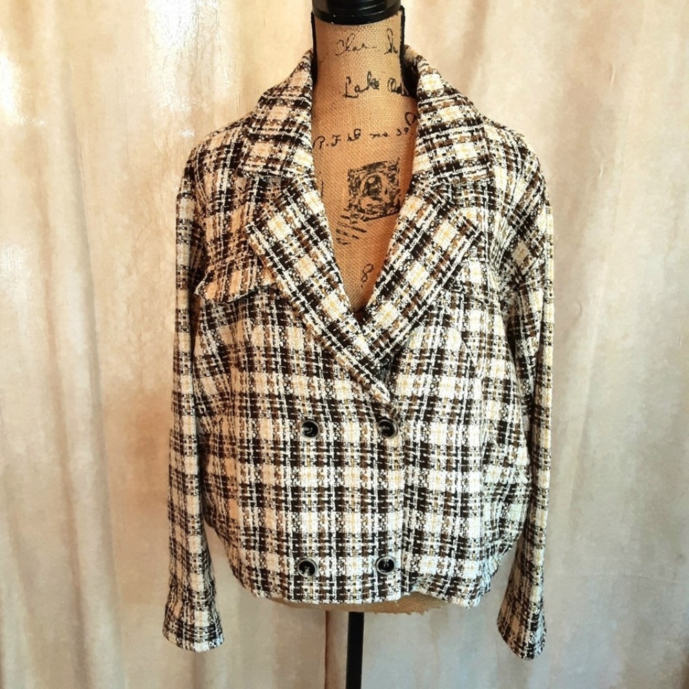Boho Oversized Crop Blazer Jacket Brown Cream Tweed Metallic Gold Size XL - NWT
